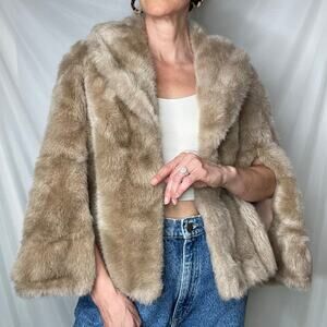 Vintage 60s faux fur cape coat capelet jacket brown tan with pockets poncho M